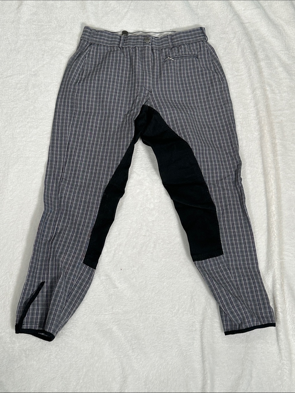 Pikeur Women’s Gray Plaid Riding Trousers with Black Knee Panels.